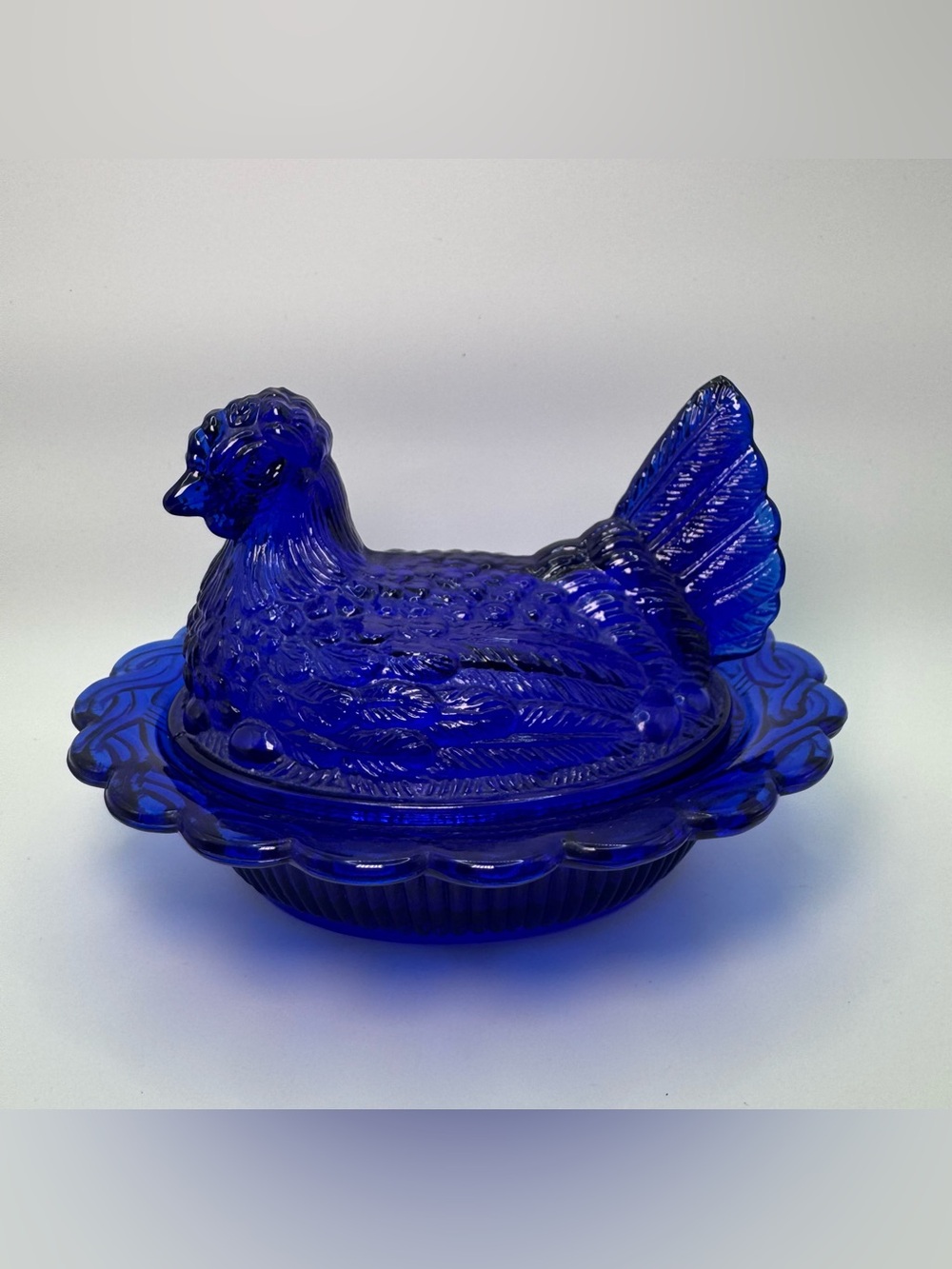 Vintage Mosser Glass Cobalt Blue Hen on Nest Covered Dish Scalloped Rim